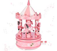 Brubaker Carillon in Legno - Giostra Nostalgica con Cavalli - Melodia: Jingle Bells - Carillon da 24 cm Regalo e Addobbo per Natale - Carillon per Decorazioni Natalizie - Rosa