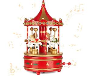 Brubaker Carillon in Legno - Giostra Nostalgica con Cavalli - Melodia: Jingle Bells - Carillon da 24 cm Regalo e Addobbo per Natale - Carillon per Decorazioni Natalizie - Oro Rosso