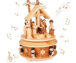 Brubaker Carillon in Legno - Presepe con Gesù, Maria e Giuseppe - Melodia: Astro del Ciel - Carillon Natalizio da 19 cm - Carosello Musicale con Stella di Betlemme e Cantori - Marrone Natura