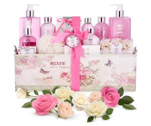 BRUBAKER Cosmetics set beauty da bagno e doccia 'Classic Rose' - con fragranze floreali di rose - set regalo in 17 pezzi presentati in un cestino in stile Vintage