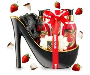 BRUBAKER Cosmetics - Set da bagno e bellezza di lusso - fragola/latte di cocco - 6 pezzi - scarpino decorativo - nero/oro - idea regalo donna