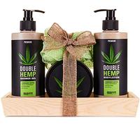 BRUBAKER Cosmetics Set da Bagno e Doccia in Olio di Canapa, Menta Fresca e Aloe Vera con Vassoio Decorativo in Legno