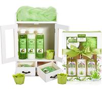 BRUBAKER Cosmetics Set di Cura 2 in 1 - Set di Bellezza Grande da 15 Pezzi - Signore Set da Doccia e da Bagno - Set Regalo per Donna con Mobiletto in Legno Deco - Aloe Vera