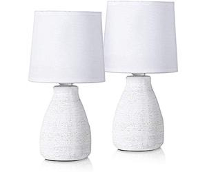 BRUBAKER doppio set Lampade da tavolo o comodino - 28 cm - bianco - basi in ceramica - paralumi in cotone - casa di campagna Shabby Chic