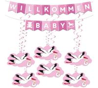 BRUBAKER Guirlande "Willkommen Baby" per Ragazzi e Ragazze - Bandiere con Pendente Cicogna e Spirali - Set di Benvenuto per la Casa, Festa di Baby e Decorazione della Camera del Bambino - Rosa