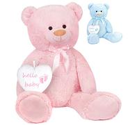 BRUBAKER Orsetto di peluche con cuore, Hello Baby, 100 cm, regalo per feste per neonati, colore rosa chiaro