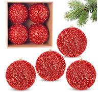 BRUBAKER Palline di Natale con glitter - Set di 4 grandi palline per albero di Natale - 10 cm - Infrangibili in plastica - Decorazioni natalizie - Palline per albero di Natale - Rosso