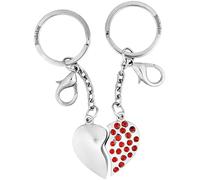 BRUBAKER Portachiavi per coppie - Cuore diviso - Set di 2 ciondoli partner - Regalo per due San Valentino o anniversario - Ciondolo a forma di cuore in metallo con strass - argento, rosso
