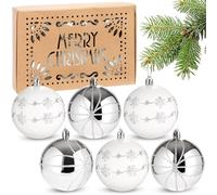 BRUBAKER Set di 6 palline di Natale, 8 cm, infrangibili, in plastica, in confezione regalo Merry Christmas - palline per albero di Natale dipinte a mano - bianco e argento