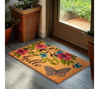 Brubaker Zerbino per Esterni e Interni - Hello - 45 x 75 cm - Tappeto in 100% Fibra di Cocco con Farfalla e Fiori, Antisporco e Antisdrucciolo - Impermeabile - Ideale per Porta d'Ingresso - Marrone