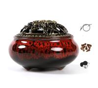 Bruciatore di incenso in ceramica con supporto per bastoncini di incenso + isolamento per bastoncini di incenso o spirali, coni di salvia e incenso (rosso bruciato)