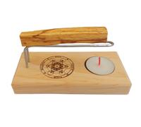 Bruciatore di Palo Santo e Incenso Artigianale con Base in Legno Naturale e Simbolo di Metatron - Include Candela da Tè | arte
