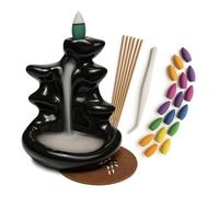 Bruciatore Incenso a Cascata in Ceramica Fatto a Mano | Kit 20 Coni Naturali + 25 Bastoncini | Esperienza Sensoriale Zen per Arredo, Meditazione, Yoga | Profumatore Decorativo per Casa e Ufficio