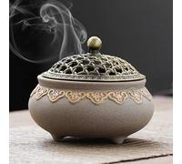 Bruciatore per incenso in ceramica vintage con coperchio in metallo e supporto ignifugo per bastoncini di incenso, rotondo, in porcellana cinese, per casa, sala meditazione, soggiorno, ufficio