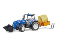 bruder 02187 - New Holland T5.120 con caricamento frontale, scatola di ricarica, forchette e balle rotonde, trattore 1:16, veicoli, fattoria, bulldog