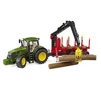 bruder 03154 - John Deere 7R 350 con rimorchio posteriore e 4 tronchi, azienda agricola, trattore, trasportatore di legname, veicolo