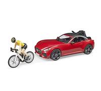 bruder 03485 - Roadster con bici da corsa, ciclista con casco, auto da corsa, auto sportiva, decappottabile, ciclista, figura giocattolo