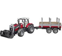 Bruder Massey Ferguson 7480 con Caricatore Frontale, Rimorchio per il Trasporto di Legname e 3 Tronchi d'Albero - 1 set