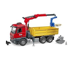 Bruder Mercedes Benz Arocs Truck with Roll-off Container, Clamshell Buckets And 2 Pallets