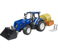 Bruder New Holland T5.120 con Pala Frontale, Cassone di Carico, Forche e Balla di Fieno - 1 pz.