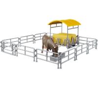 bruder 62612 - Mangiatoia con recinti, trogolo, balle quadrate e 1 bovino - Accessori per fattoria, agricoltura, mucca, giocattoli