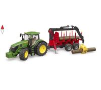 BRUDER TRATTORE JOHN DEERE 7R 350 CON BENNA E RIMORCHIO TRASPORTO TRONCHI