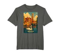 Bruges Belgio Vintage Travel Art con cigno e campanile Maglietta