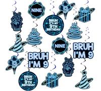 Bruh It's My 9th Birthday Hanging Swirl Decorations, 24 pezzi blu nero double face Bruh I'm 9 Ceiling Swirl Cards for 9th Birthday Party Decor Neon Theme Room Hanging Supplies