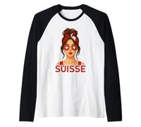 Brune Fille Suisse Drapeau Suisse Copine et Épouse Suisse Maglia con Maniche Raglan