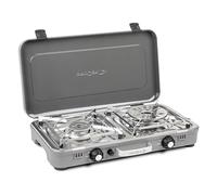 BRUNNER Fornello a Gas Devil KOOKMASTER, 2 fuochi, Superficie in Acciaio Inox - Accensione piezoelettrica, con Maniglia e Coperchio - per Avventure Outdoor, 30mbar, Potenza 2,4 kW x 2