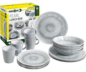 BRUNNER Melamin Ess Geschirr Set Lunch Box 16-Teilig Camping Reise Teller Becher Stonetouch Pearl