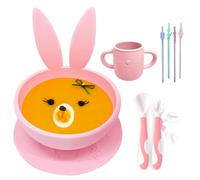 Brunoko Ciotole per bambini con ventosa - tazza e ciotola rosa per bambini - Include 1 ciotola, 1 tazza, forchetta/cucchiaio e 4 cannucce - Lavabile in lavastoviglie e forno a microonde