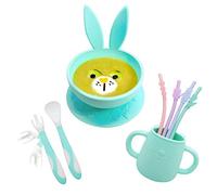 Brunoko Ciotole per bambini con ventosa - tazza e ciotola rosa per bambini - Include 1 ciotola, 1 tazza, forchetta/cucchiaio e 4 cannucce - Lavabile in lavastoviglie e forno a microonde