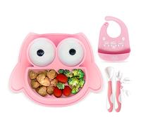 Brunoko Piatto con ventosa per bambini - Set pappa per neonati composto da piatto a ventosa per bambini, cucchiaino e bavaglini impermeabili, 3 in 1 - Set da pappa per neonati antiscivolo e senza BPA