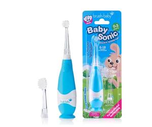 Brush-Baby - BabySonic - Spazzolino elettrico blu, 0-36 mesi, morbido e delicato, per gengive sensibili e denti nuovi, con luce LED e base di aspirazione, testine per neonati e bambini