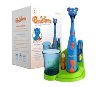 Brusheez® Set di spazzolini elettrici per bambini (Carnivore Edition) - Funzionamento a batteria, setole morbide, facile da mettere e togliere, 2 testine, copertura animale, timer per sabbia, tazza