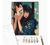 Brushme Kit Pittura Con i Numeri - Pittura da cucina anime, 40x50 cm con cornice, volpe giapponese stilizzata, soggetto manga DIY per adulti, decorazione camera e cucina