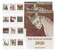 Brutti animali medievali Calendario da parete 2026, 12 mesi di divertente arte medievale con dipinti storici di animali, regalo umoristico unico per gli amanti della storia (2Pcs)