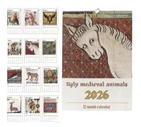 Brutti animali medievali Calendario da parete 2026, 12 mesi di divertente arte medievale con dipinti storici di animali, regalo umoristico unico per gli amanti della storia (1Pcs)
