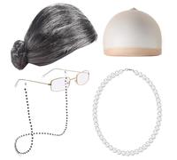 Brxmpn 1 Set di Accessori per Vecchie Signore con Parrucca Vecchia Signora, Occhiali, Collana di Perle, Accessori per Cosplay della Nonna per Halloween, Giornata Mondiale del Libro, Mascherata