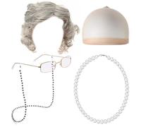 Brxmpn 1 Set di Accessori per Vecchie Signore con Parrucca Vecchia Signora, Occhiali, Collana di Perle, Accessori per Cosplay della Nonna per Halloween, Giornata Mondiale del Libro, Mascherata