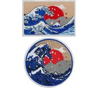 Brxmpn 2 Pezzi di Toppa Cucire Raffigurante Onda di Kanagawa, Toppe Ricamate con Disastri Naturali, Toppe Stirare, Applique Ricamate con Dipinti Artistici per Giacche, Zaini E Cappelli.