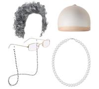 Brxmpn Set di 5 Costumi Vecchia Signora, Parrucca Vecchia Signora, Occhiali Nonna, Collana di Perle, Accessori per Cosplay di Halloween per Halloween, Giornata Mondiale del Libro, Mascherata,
