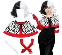 Bryndo 4 pezzi costume da cruella da donna, set di costumi da cruella Devil con mantello, parrucca nera e bianca, guanti rossi e asta lunga per Halloween, carnevale, cosplay, accessori per feste