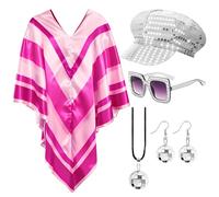 Bryndo Set di 5 accessori per travestimento da donna, anni '70, accessori per costume da discoteca con poncho abba pop, berretto con paillettes, cappello quadrato con occhiali da sole, orecchini