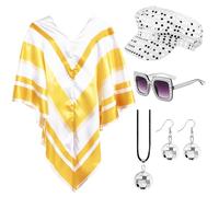 Bryndo Set di 5 accessori per travestimento da donna, anni '70, accessori per costume da discoteca con poncho abba pop, berretto con paillettes, cappello quadrato con occhiali da sole, orecchini