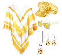 Bryndo Set di 5 accessori per travestimento da donna, anni '70, accessori per costume da discoteca con poncho abba pop, berretto con paillettes, berretto, cappello, occhiali da sole, orecchini