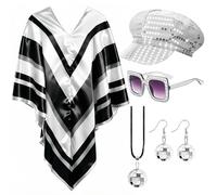 Bryndo Set di 5 accessori per travestimento da donna, anni '70, accessori per costume da discoteca, poncho abba pop, berretto con paillettes, cappello quadrato con occhiali da sole, orecchini, collana