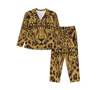 Bryptxztxt Pigiama da donna a maniche lunghe con stampa leopardata gialla elegante morbido button down pigiameria scollo a V camicia a maniche lunghe e fondo lungo abbigliamento da notte loungewear Pj