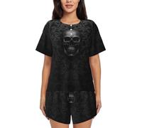 Bryptxztxt Pigiama estivo da donna a maniche corte con teschio gotico, morbido girocollo 2 pezzi, abbigliamento da notte con bottoni, con tasche, S-4XL, 3D, M
